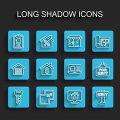 Set line House key, plan, contract, Location with house, Hanging sign Rent, dollar symbol, For and Online real estate icon. Vector