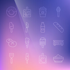 Set line Flour bowl, Electronic scales, French baguette bread, Coffee cup to go, Knife, Ice cream, Donut and Bottle with milk icon. Vector