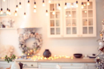 blurred background og  kitchen with lights for  christmas and new year - Image