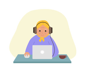 Happy grandmother with laptop. Technology and the elderly. Grandmother with headphones. Vector illustration.