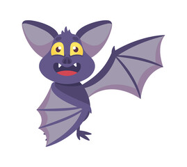 Cute Bat with Funny Face and Membranous Wings Isolated on White Background. Halloween Cartoon Happy Animal Character