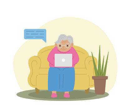 recommend clip art: Happy grandmother with laptop. Technology and the elderly. Grandma is sitting on the couch. Vector illustration.