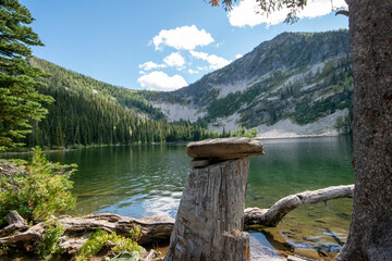 Balanced rock mountain lake