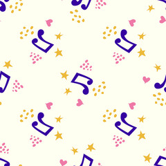 Cartoon cute doodles hand drawn Musical seamless pattern. Colorful detailed, with lots of objects background.