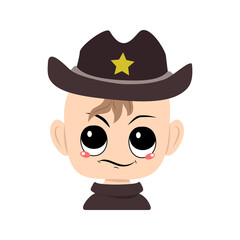 Boy with emotions of suspicious, displeased eyes in sheriff hat with yellow star. Cute kid with annoyed expression in carnival costume for holiday. Head of adorable baby