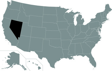 Black highlighted location map of the US Federal State of Nevada inside gray map of the United States of America