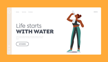 Landing Page Template. Athletic Beautiful Sportswoman Drinking Water from Bottle Refreshing after Fitness Activity