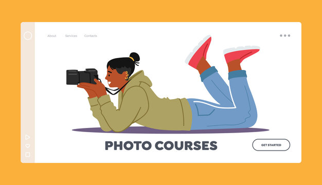 Photo Courses Landing Page Template. Photographer Male Character with Photo Camera Lying on Ground Making Pictures