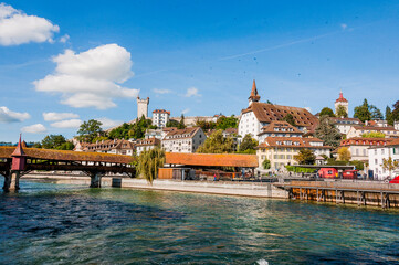 Luzern, Spreuerbrücke, Brückenkapelle, Brücke, Holzbrücke, Nadelwehr, Reuss, Fluss, Stadtmauer,...