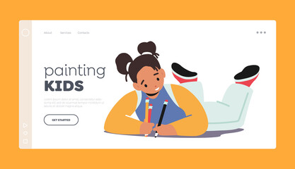 Fototapeta na wymiar Painting Kids Landing Page Template. Little Girl Character with Colored Pencils Lying on Floor Create Pictures on Paper