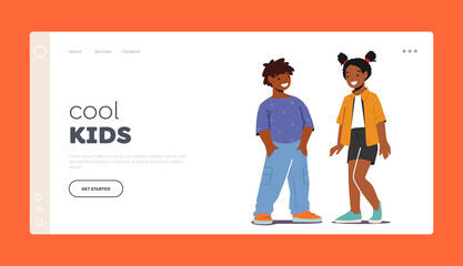 Cool Kids Landing Page Template. Cute Couple Kindergarten or Preteen Ages Little Boy and Girl Happily Smiling Together