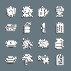 Set line Military rank, Hand grenade, Chevron, dog tag, smoke, tank, Police badge and knife icon. Vector