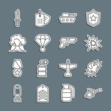 Set line Howitzer, Bomb explosive planet earth, explosion, Military tank, Parachute, Nuclear, knife and Pistol or gun icon. Vector