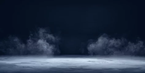 Fotobehang Rook Grijs getextureerd betonnen platform, podium of tafel met rook in het donker