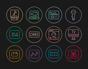 Set line Music or video editing, Smart Tv, equalizer, Record button, Audio jack, MP3 file, Online play and Sound audio recorder icon. Vector