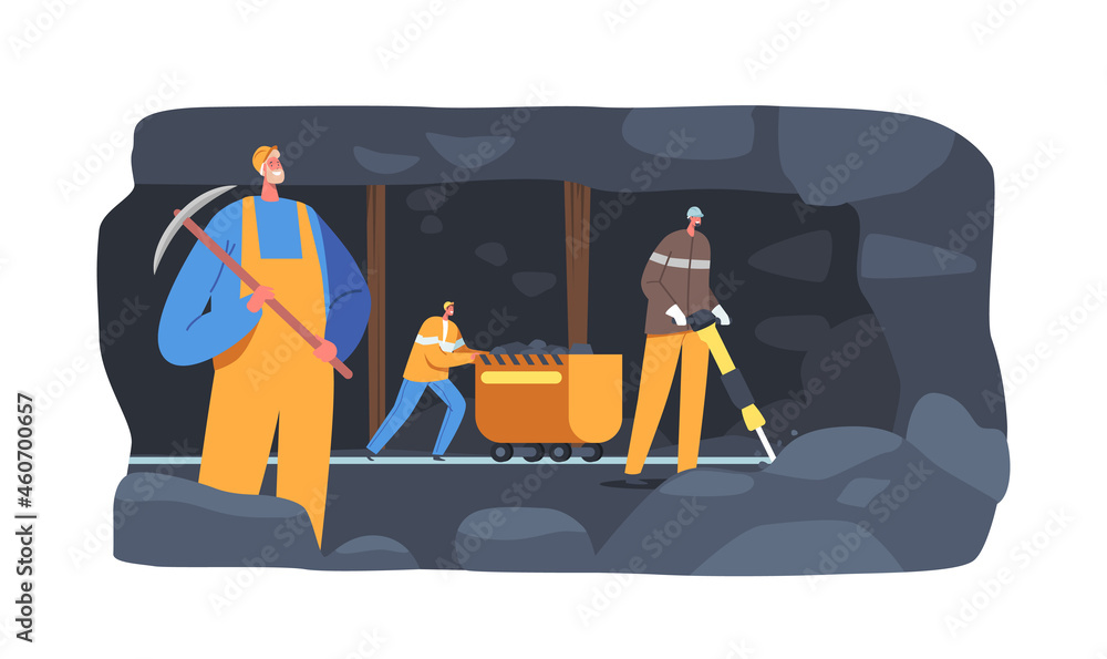 Poster extraction industry workers characters in uniform and helmet at coal quarry loading fossils on mine 