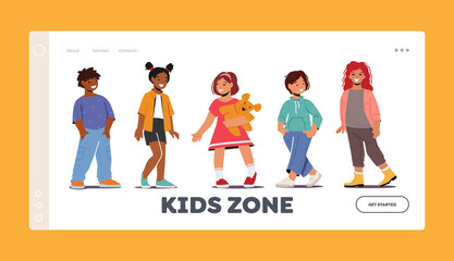 Kids Zone Landing Page Template. Smiling Multiracial Boys and Girls Toddlers Characters Wearing Fashionable Clothes
