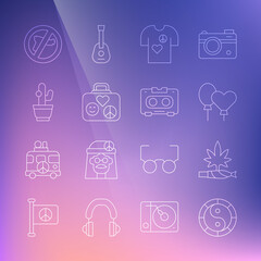Set line Yin Yang symbol, Marijuana joint, spliff, Balloons, Peace t-shirt print stamp, Suitcase for travel, Cactus, No war and Retro audio cassette tape icon. Vector