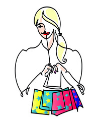 One line drawing of concept of young woman with shopping bags
One continuous line drawing of young smiling woman with shopping bags.
