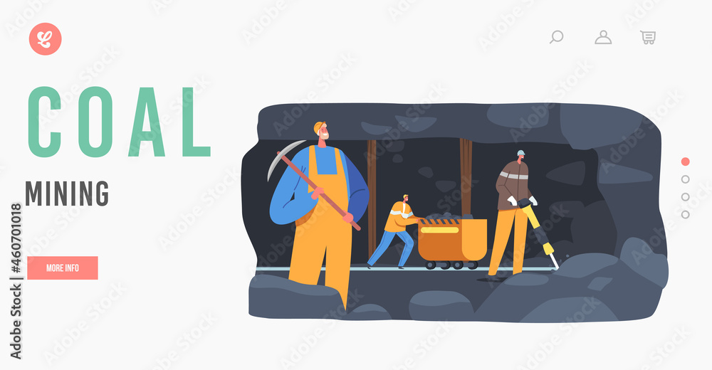 Poster coal mining landing page template. extraction industry workers characters at quarry loading fossils 