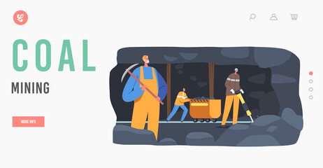 Coal Mining Landing Page Template. Extraction Industry Workers Characters at Quarry Loading Fossils on Mine Trolley