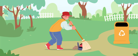 Ecology Protection Concept. Boy Volunteer Character Sweeping Ground in Park Collecting Trash into Recycling Litter Bin