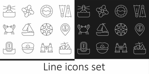 Set line Sinking cruise ship, Location with anchor, Ship porthole, Yacht sailboat, Crab, Lighthouse, Wind rose and Boat propeller icon. Vector