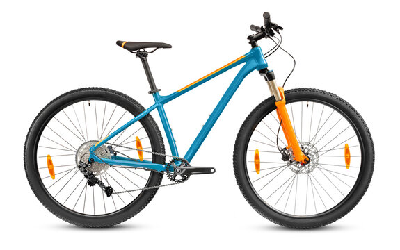 Blue 29er mountain bike isolated on white background.