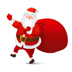 Santa Claus with a bag of gifts. Cartoon character. Vector illustration