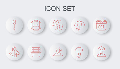 Set line Graduate and graduation cap, Raincoat, Leaf, Mushroom, Shovel, Sweater, Bench and Witch hat icon. Vector