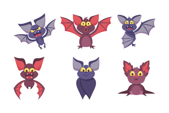 Set of Cute Bats with Funny Emptions. Halloween Cartoon Characters, Comic Personages with Smiling Muzzles Flying