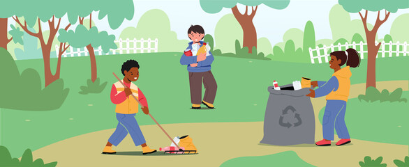 Kids Characters Collect Litter into Trash Bag with Recycle Sign, Children Clean Up Park, Cleaning Garden Pick Up Garbage