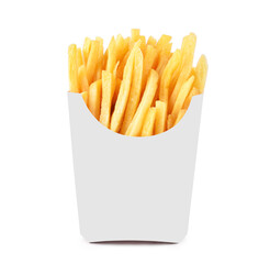 French fries in a white paper box isolated on white background.