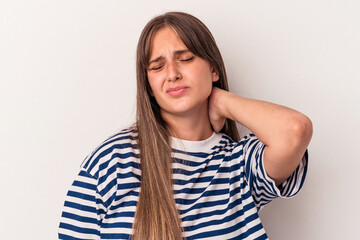 Young caucasian woman isolated on white background massaging elbow, suffering after a bad movement.