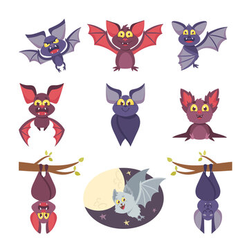 Set Cute Bats Halloween Cartoon Characters, Funny Personages with Smiling Muzzle Hang Upside Down or Flying