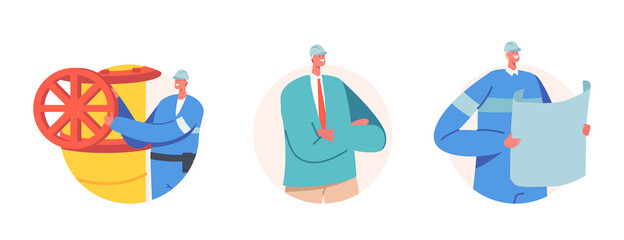 Set Industrial Workers in Uniform with Blueprint Plan near Pipeline. Characters Work on Oil or Gas Extraction Industry