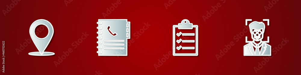 Poster set map pin, phone book, clipboard with checklist and face recognition icon. vector
