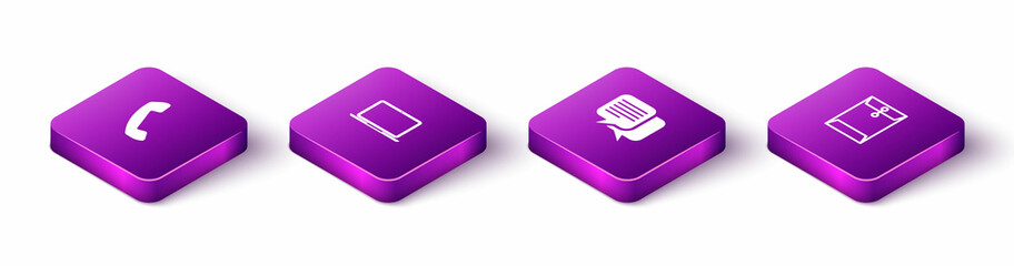 Set Isometric Telephone handset, Laptop, Chat and Envelope icon. Vector