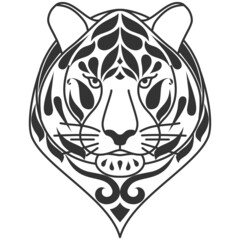Tiger head. Tribal silhouette ethnic animals. Patterned face of tiger with ornamented black stripes. African, indian design. For design of a t-shirt, bag, postcard or poster.