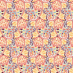 Paisley Pattern. Seamless Colorful Asian Textile Background. Indonesian batik print. Bright fabric indian motif. Paisley wallpaper. Ethnic ornament with paisley and stylized flowers.