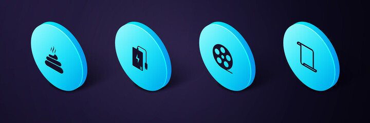 Set Isometric Paper scroll, Film reel, Power bank and Shit icon. Vector