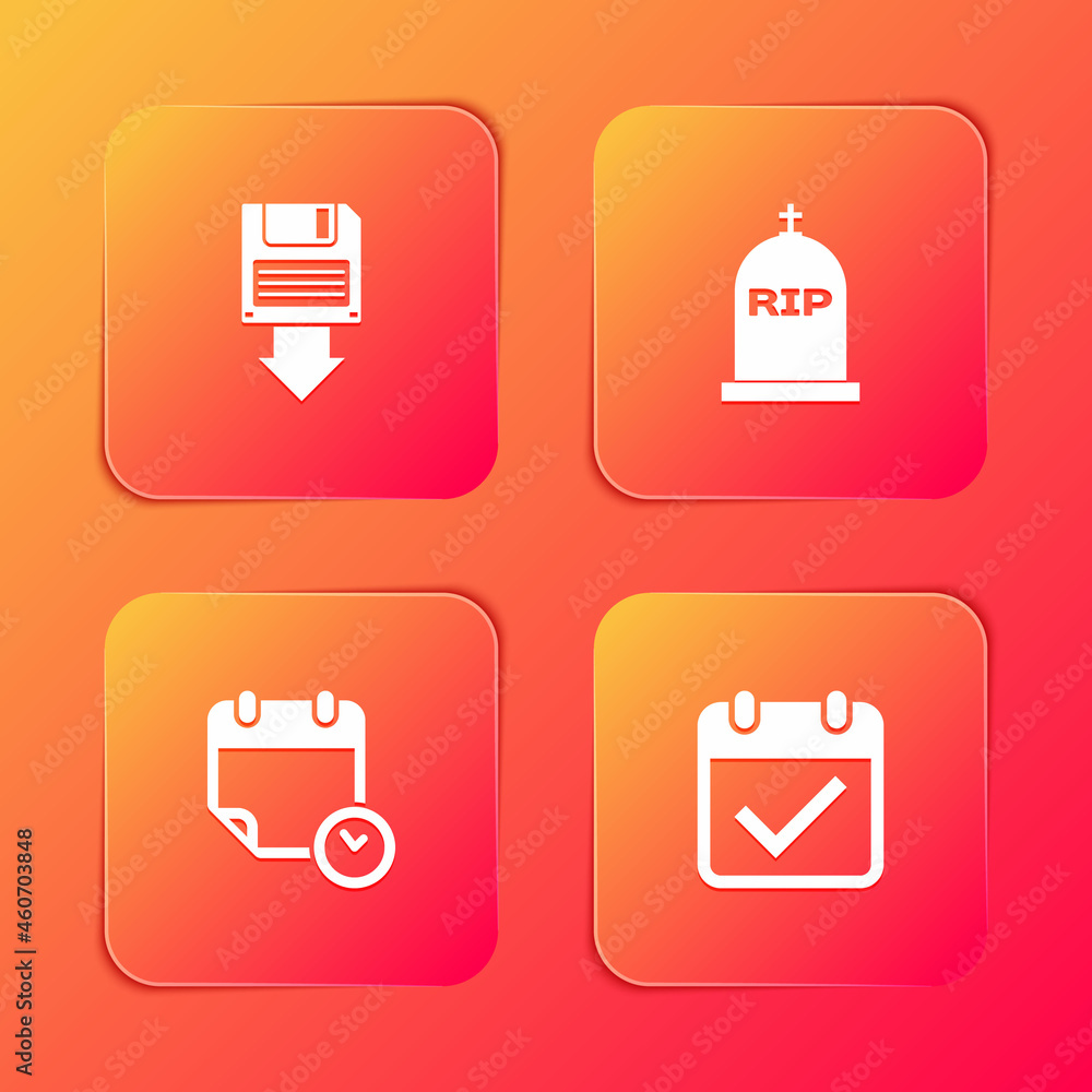 Poster set floppy disk backup, tombstone with rip written, calendar and clock and check mark icon. vector