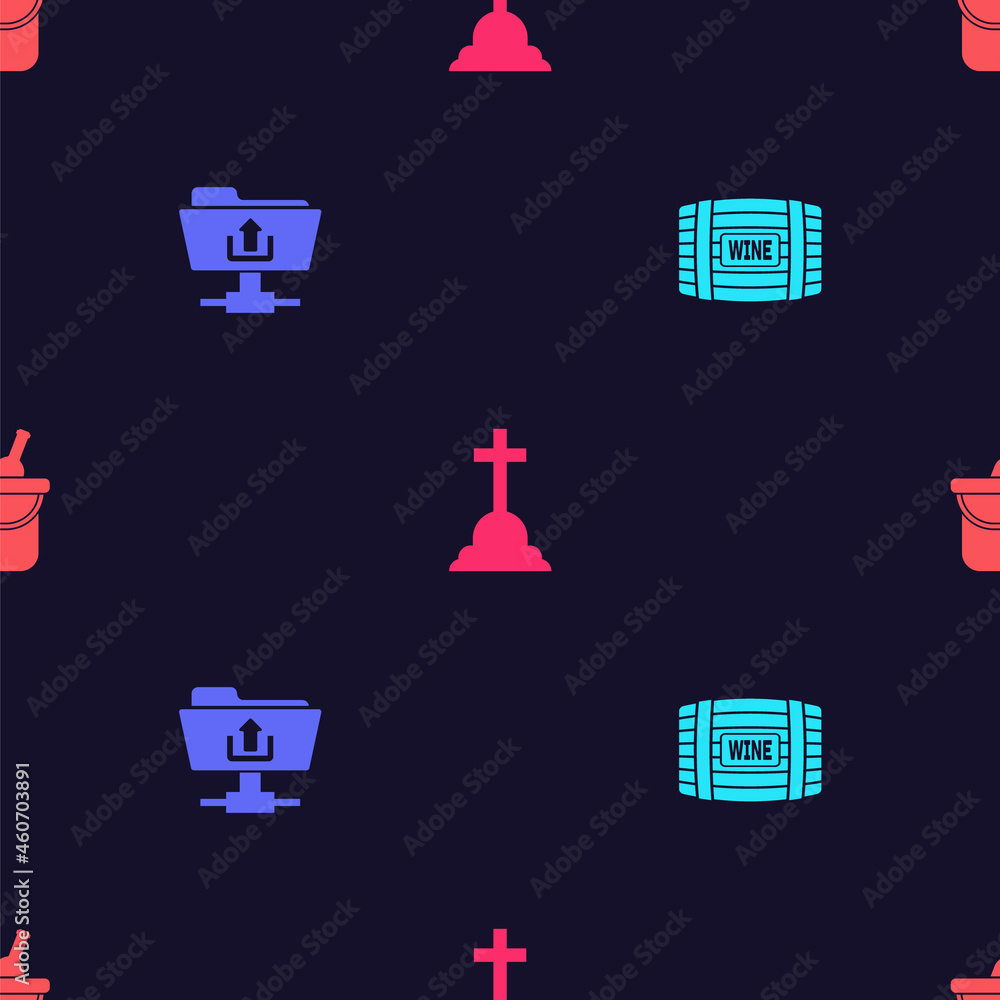 Poster set wooden barrel for wine, ftp folder upload, tombstone with cross and bottle of bucket on seamless