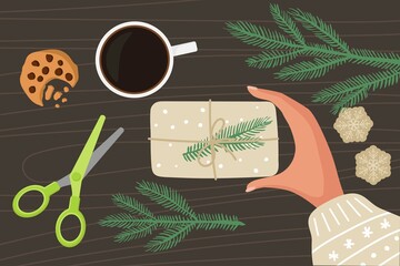 Christmas gift packaging. Preparations for Christmas and New Year Flat vector isolated. Hand with winter sweater holds gift. Spruce twigs, scissors, paper snowflakes, coffee, coocie. Holiday decor.