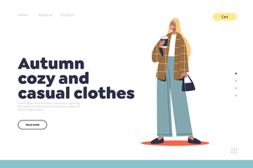 Casual clothes for autumn season concept of landing page with fashion girl in jacket and trendy jeans