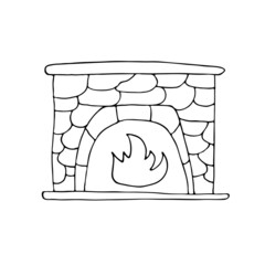Doodle fireplace with a flame of fire, Heating equipment, black and white vector. A symbol of winter, Christmas and New Year. Vector image isolated on a white background.