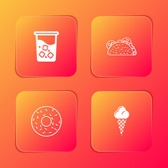 Set Glass with water, Taco tortilla, Donut and Ice cream in waffle cone icon. Vector