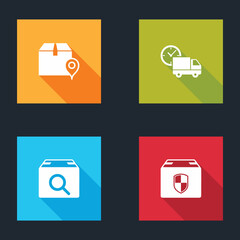 Obraz premium Set Location with cardboard box, Delivery truck and clock, Search package and security shield icon. Vector