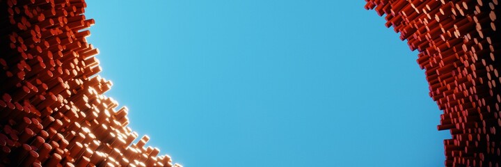 Abstract background of red cylinders of different heights and free space. 3D visualization