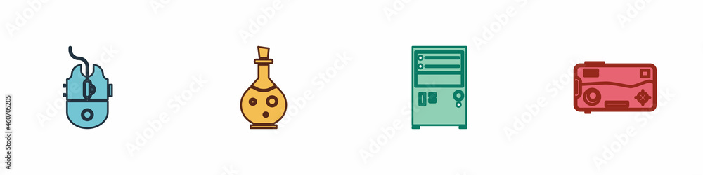 Poster set computer mouse gaming, bottle with magic elixir, and mobile and playing game icon. vector